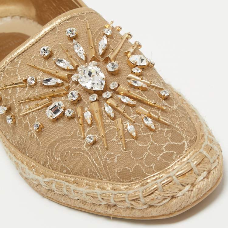 Pre Owned René Caovilla Metallic Gold Lace And Leather Crystal Embellished Espadrille Flats Size 40