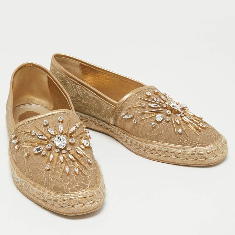 Pre Owned René Caovilla Metallic Gold Lace And Leather Crystal Embellished Espadrille Flats Size 40