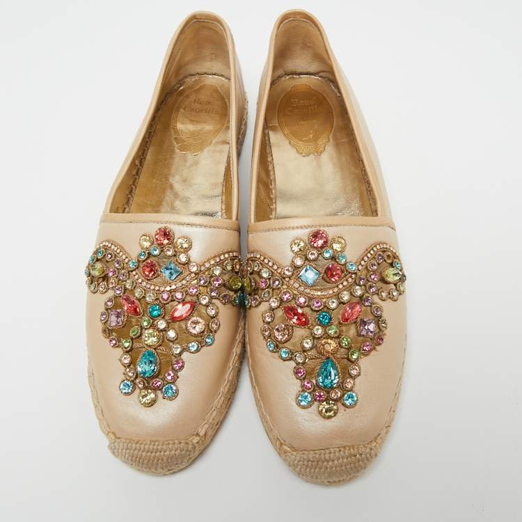 Pre Owned Rene Caovilla Metallic Beige Leather Cut Out Crystal Embellished Espadrille Flats Size 41