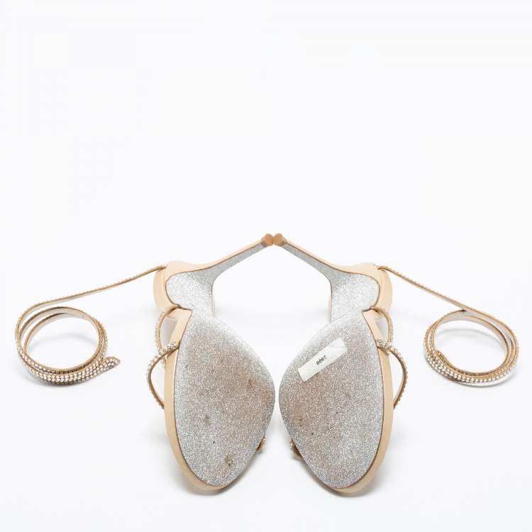 Pre Owned Rene Caovilla Metallic Gold Satin Crystal Embellished Cleo Ankle Wrap Sandals Size 39.5