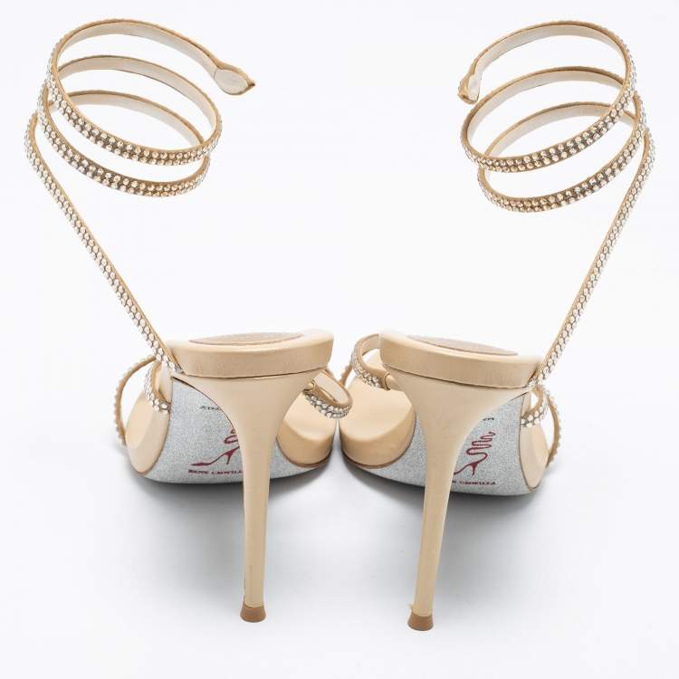 Pre Owned Rene Caovilla Metallic Gold Satin Crystal Embellished Cleo Ankle Wrap Sandals Size 39.5