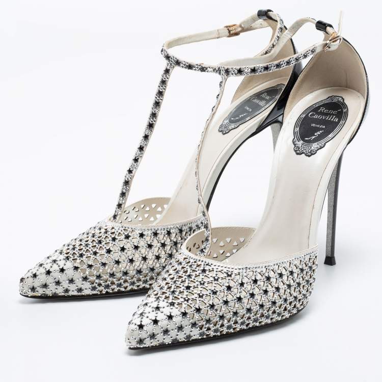 Rene Caovilla Black/White Satin And Patent Leather Embellished