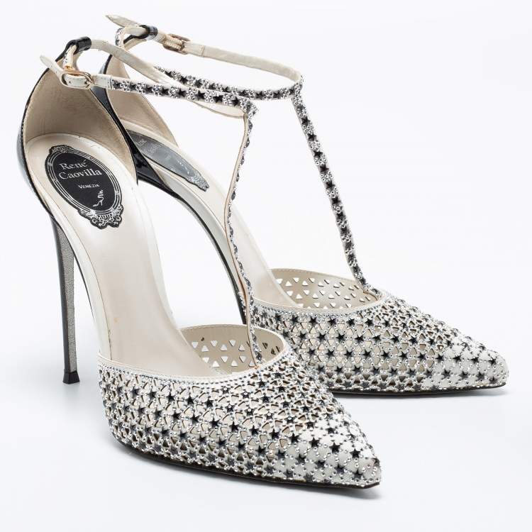 Pre Owned Rene Caovilla Black/White Satin And Patent Leather Embellished Ankle Strap Sandals Size 41