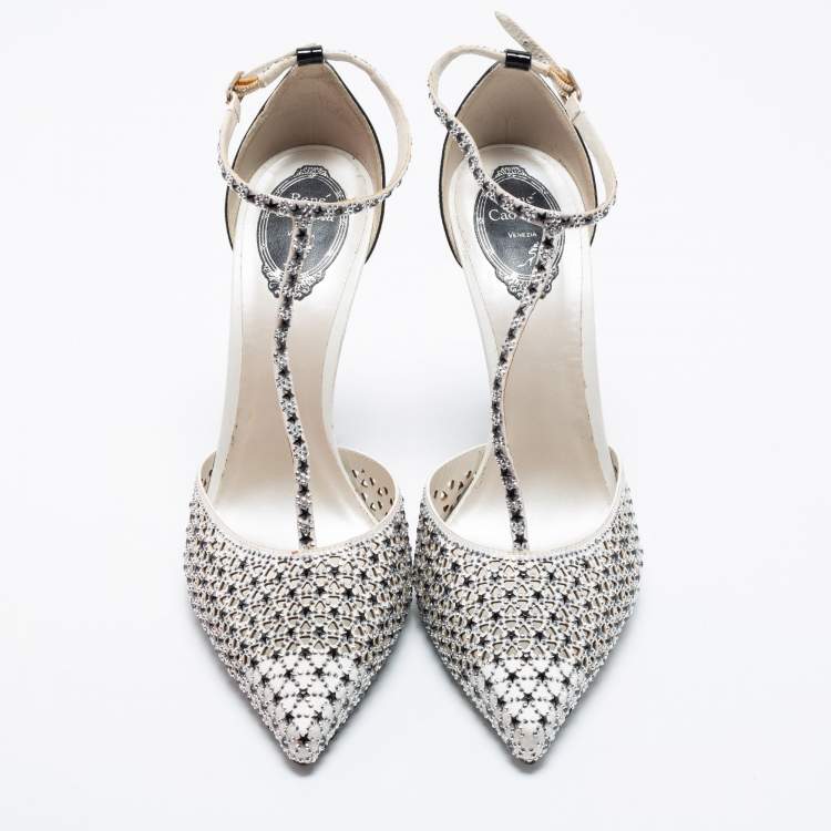 Pre Owned Rene Caovilla Black/White Satin And Patent Leather Embellished Ankle Strap Sandals Size 41