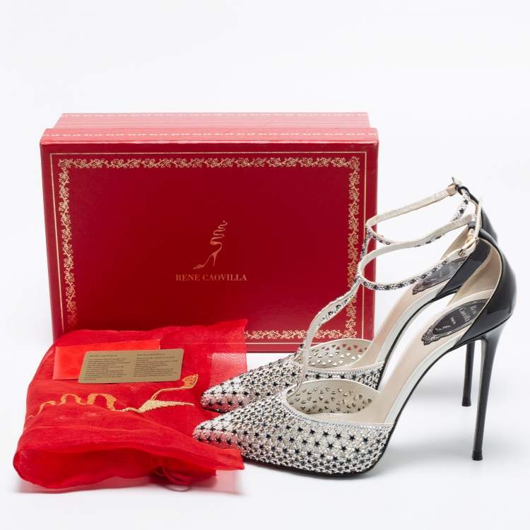 Pre Owned Rene Caovilla Black/White Satin And Patent Leather Embellished Ankle Strap Sandals Size 41