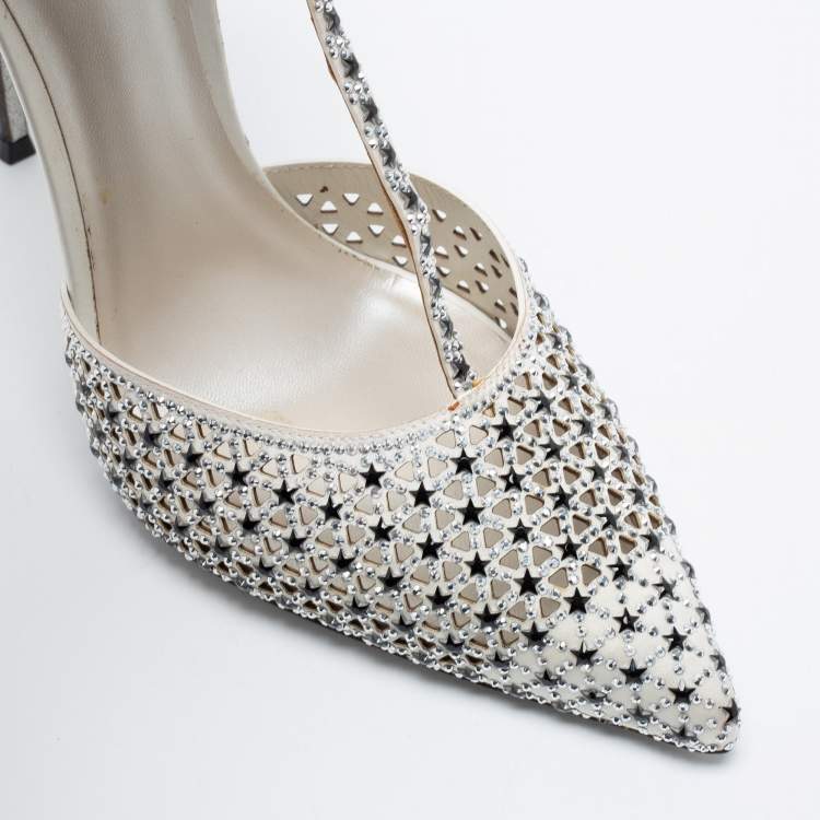 Pre Owned Rene Caovilla Black/White Satin And Patent Leather Embellished Ankle Strap Sandals Size 41