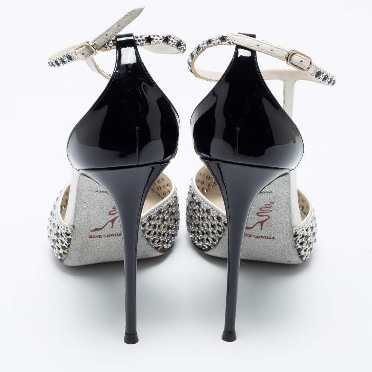 Pre Owned Rene Caovilla Black/White Satin And Patent Leather Embellished Ankle Strap Sandals Size 41
