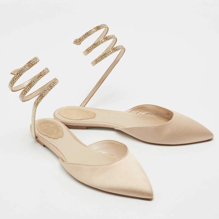 Pre Owned René Caovilla Beige Satin Crystal Embellished Flat Sandals Size 38