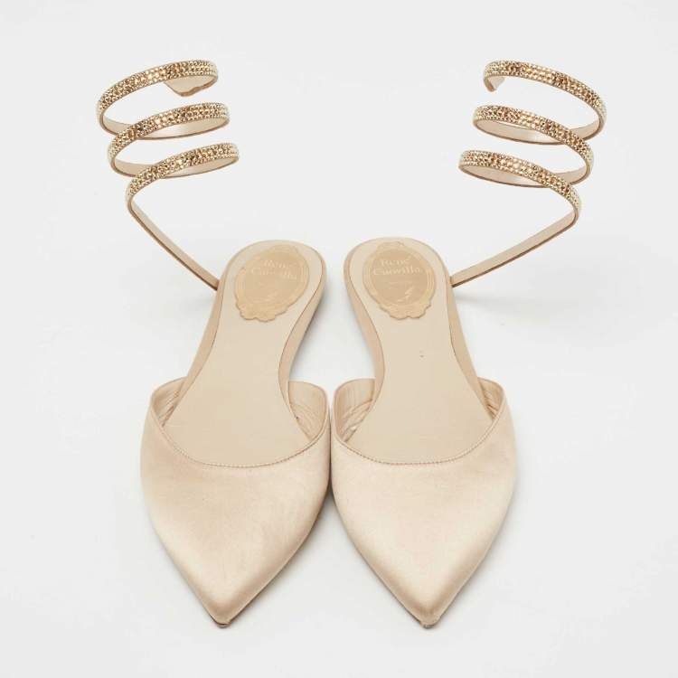 Pre Owned René Caovilla Beige Satin Crystal Embellished Flat Sandals Size 38
