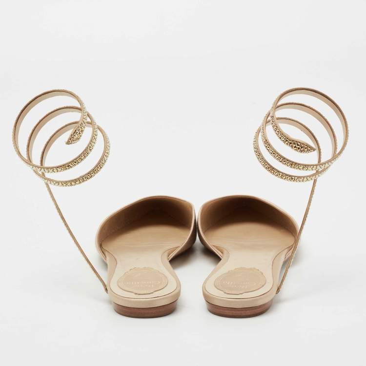 Pre Owned René Caovilla Beige Satin Crystal Embellished Flat Sandals Size 38