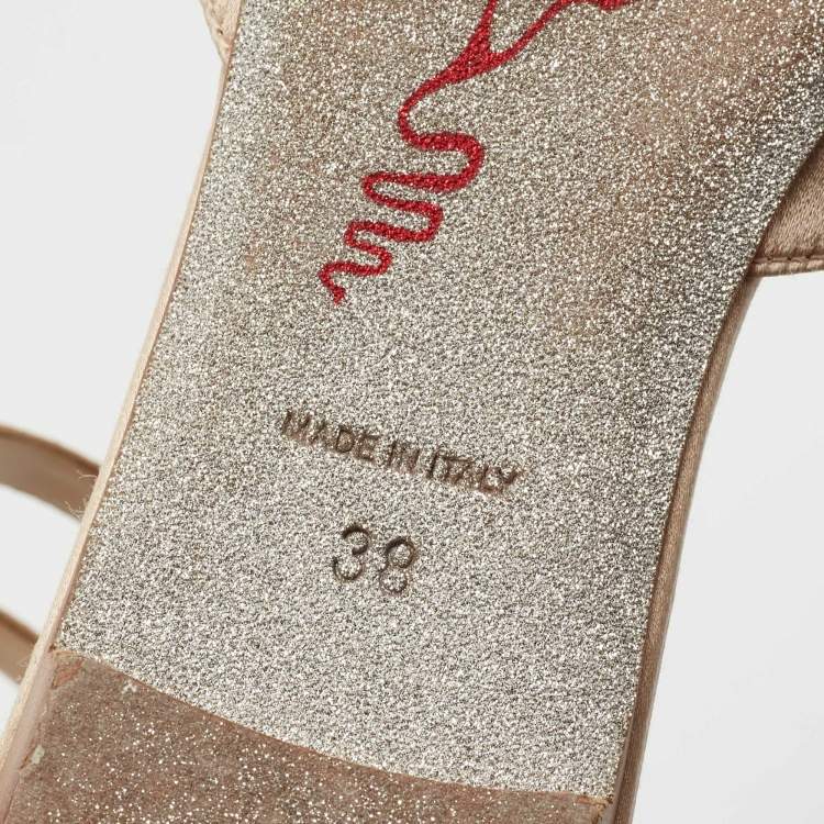 Pre Owned René Caovilla Beige Satin Crystal Embellished Flat Sandals Size 38