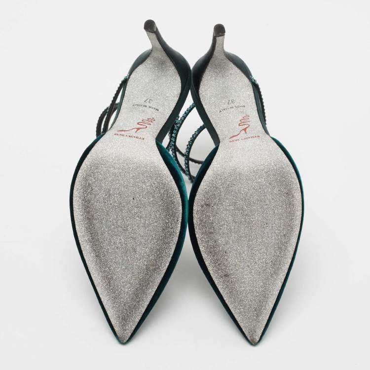 Pre Owned Rene Caovilla Dark Green Velvet Cleo Crystal Embellished Ankle Wrap Pumps Size 37