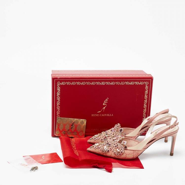 Pre Owned René Caovilla Rose Pink Lace And Leather Embellished Slingback Sandals Size 37