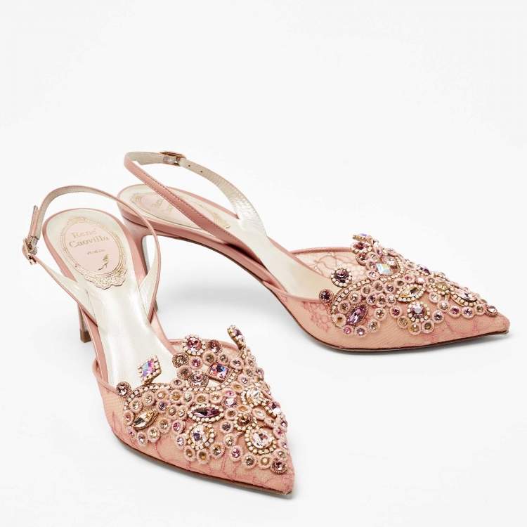 Pre Owned René Caovilla Rose Pink Lace And Leather Embellished Slingback Sandals Size 37