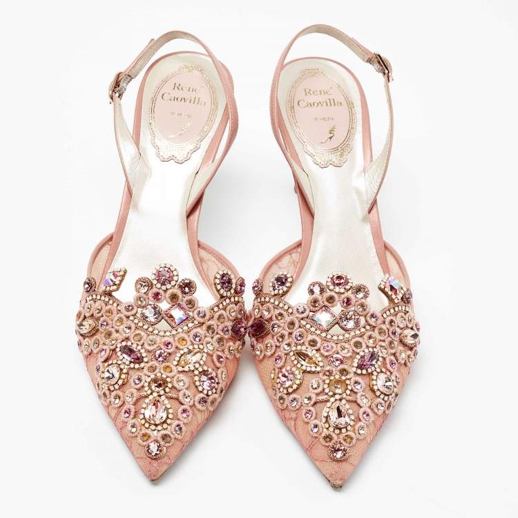 Pre Owned René Caovilla Rose Pink Lace And Leather Embellished Slingback Sandals Size 37