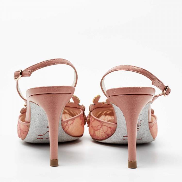 Pre Owned René Caovilla Rose Pink Lace And Leather Embellished Slingback Sandals Size 37