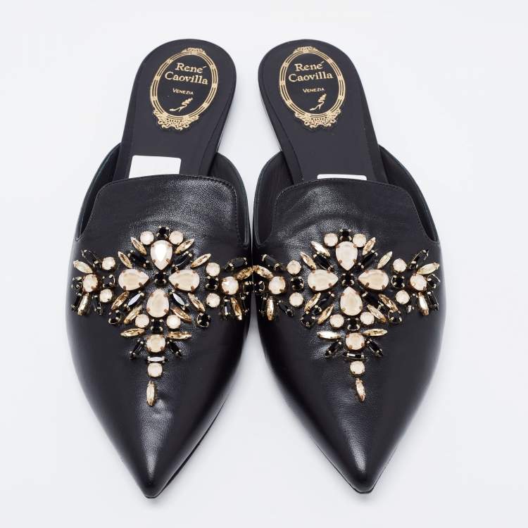 مملوكة مسبقًا Rene Caovilla Black Leather Crystal Embellished Pointed Toe Flat Mules Size 41