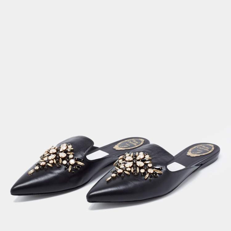 مملوكة مسبقًا Rene Caovilla Black Leather Crystal Embellished Pointed Toe Flat Mules Size 41