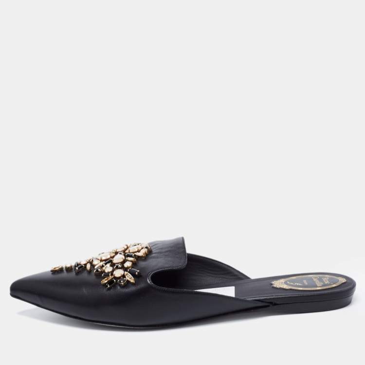 مملوكة مسبقًا Rene Caovilla Black Leather Crystal Embellished Pointed Toe Flat Mules Size 41