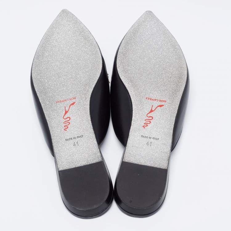 مملوكة مسبقًا Rene Caovilla Black Leather Crystal Embellished Pointed Toe Flat Mules Size 41