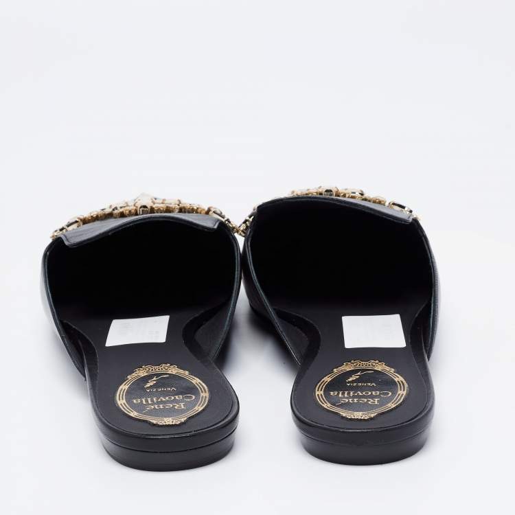 مملوكة مسبقًا Rene Caovilla Black Leather Crystal Embellished Pointed Toe Flat Mules Size 41
