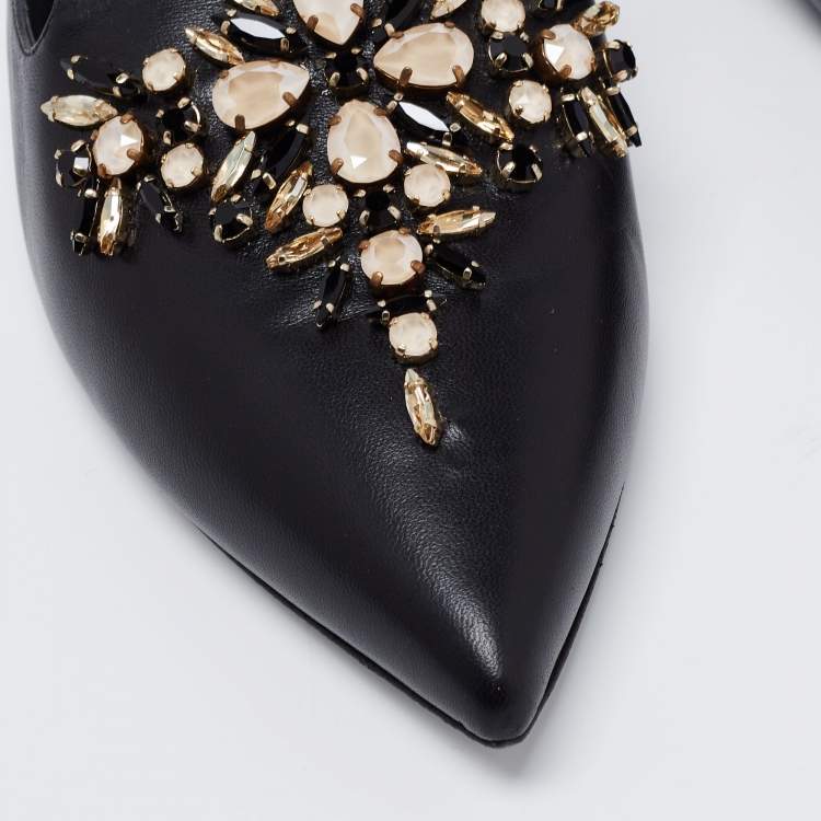 مملوكة مسبقًا Rene Caovilla Black Leather Crystal Embellished Pointed Toe Flat Mules Size 41