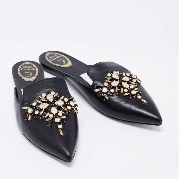 مملوكة مسبقًا Rene Caovilla Black Leather Crystal Embellished Pointed Toe Flat Mules Size 41