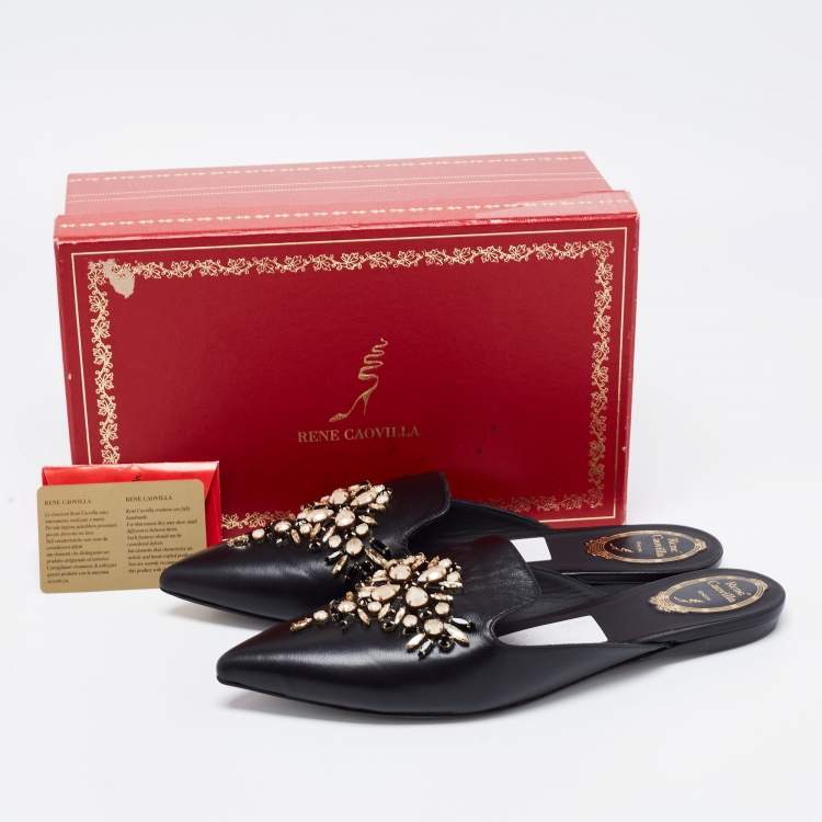 مملوكة مسبقًا Rene Caovilla Black Leather Crystal Embellished Pointed Toe Flat Mules Size 41