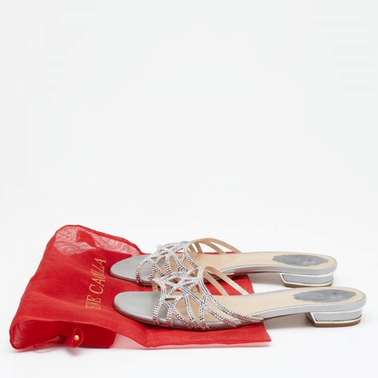 Pre Owned Rene Caovilla Light Grey Crystal Embellished Leather Strappy Flat Slides Size 38.5