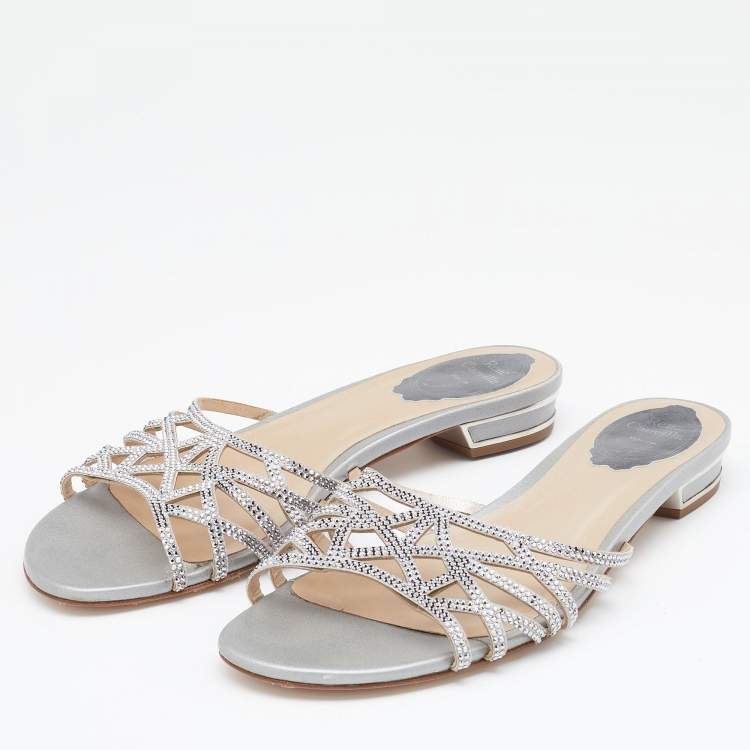 Pre Owned Rene Caovilla Light Grey Crystal Embellished Leather Strappy Flat Slides Size 38.5