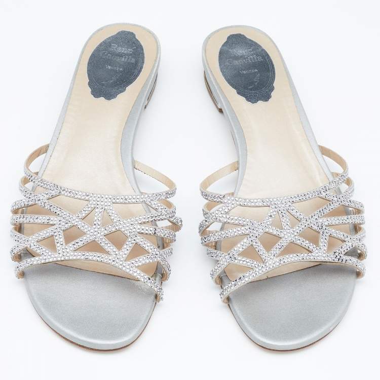 Pre Owned Rene Caovilla Light Grey Crystal Embellished Leather Strappy Flat Slides Size 38.5
