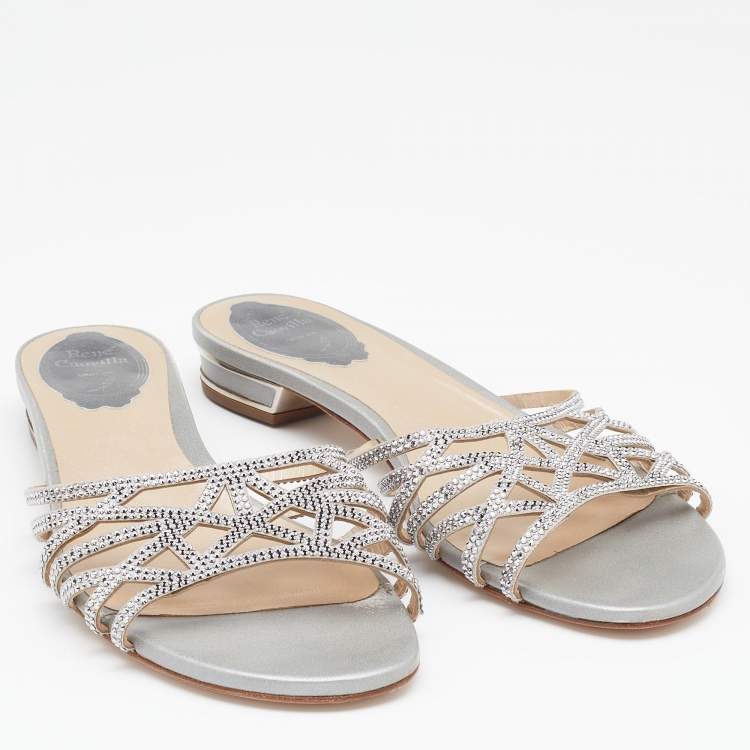 Pre Owned Rene Caovilla Light Grey Crystal Embellished Leather Strappy Flat Slides Size 38.5