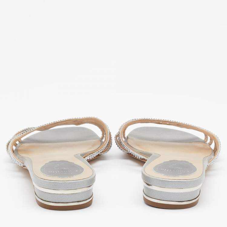Pre Owned Rene Caovilla Light Grey Crystal Embellished Leather Strappy Flat Slides Size 38.5
