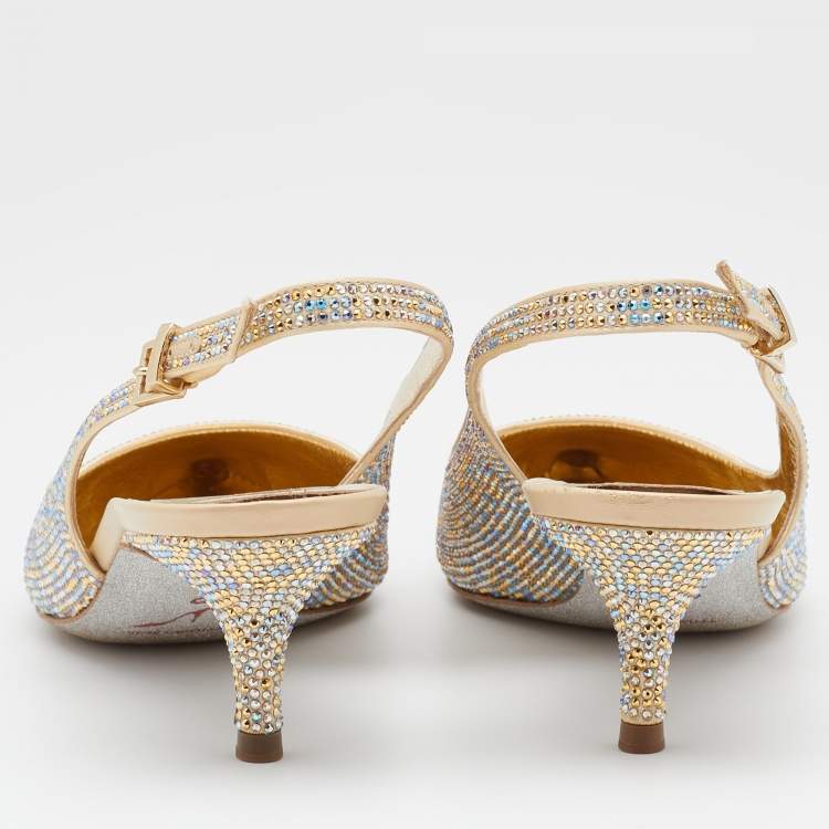 Pre Owned René Caovilla Metallic Crystal Embellished Satin Slingback Pumps Size 39