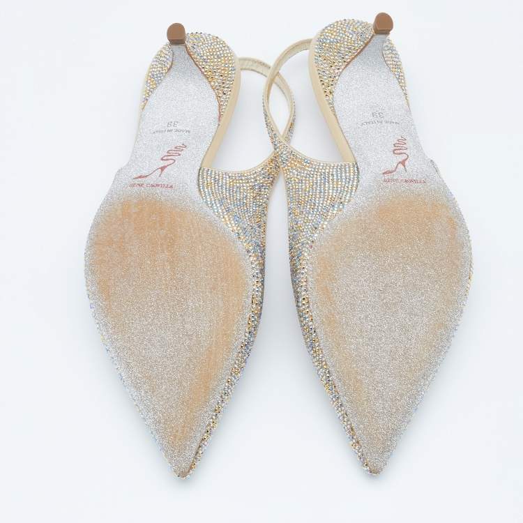 Pre Owned René Caovilla Metallic Crystal Embellished Satin Slingback Pumps Size 39