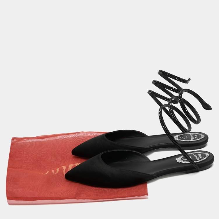 Pre Owned Rene Caovilla Black Satin Embellished Ankle Wrap Flat Mules Size 38