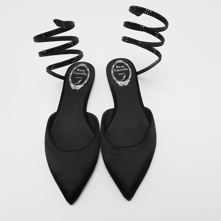 Pre Owned Rene Caovilla Black Satin Embellished Ankle Wrap Flat Mules Size 38