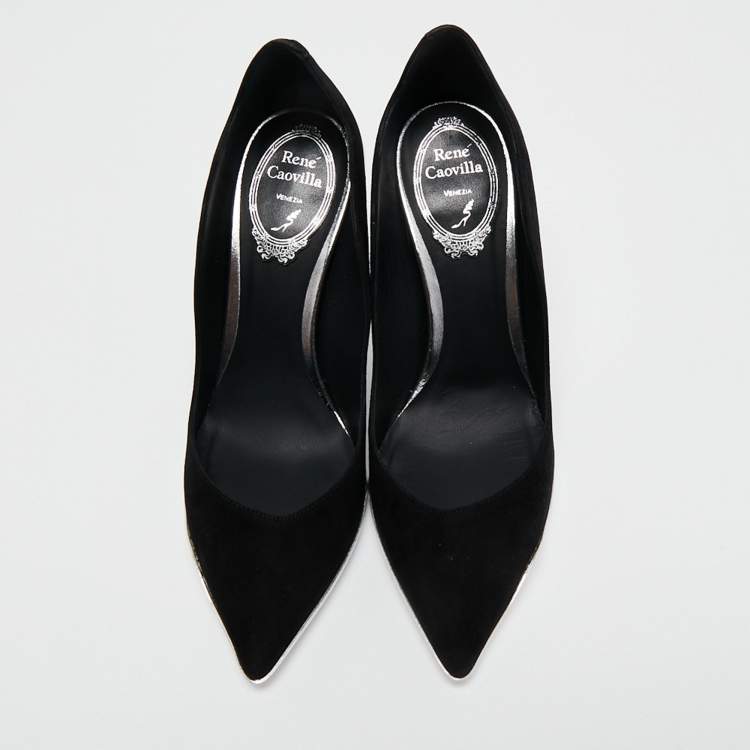 Pre Owned René Caovilla Black/Silver Suede and Leather Decollete Pumps Size 36