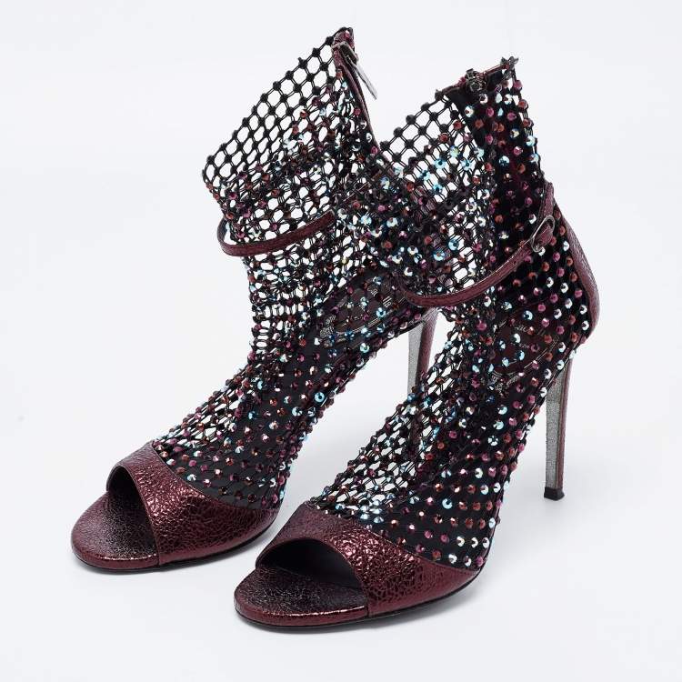 Pre Owned Rene Caovilla Metalic Red Texture Leather And Mesh Crystal Embellished Galaxia Sandals Size 38
