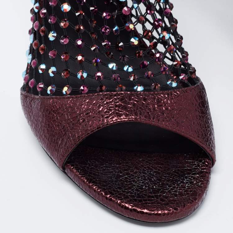 Pre Owned Rene Caovilla Metalic Red Texture Leather And Mesh Crystal Embellished Galaxia Sandals Size 38