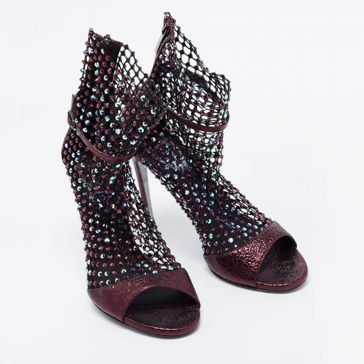 Pre Owned Rene Caovilla Metalic Red Texture Leather And Mesh Crystal Embellished Galaxia Sandals Size 38