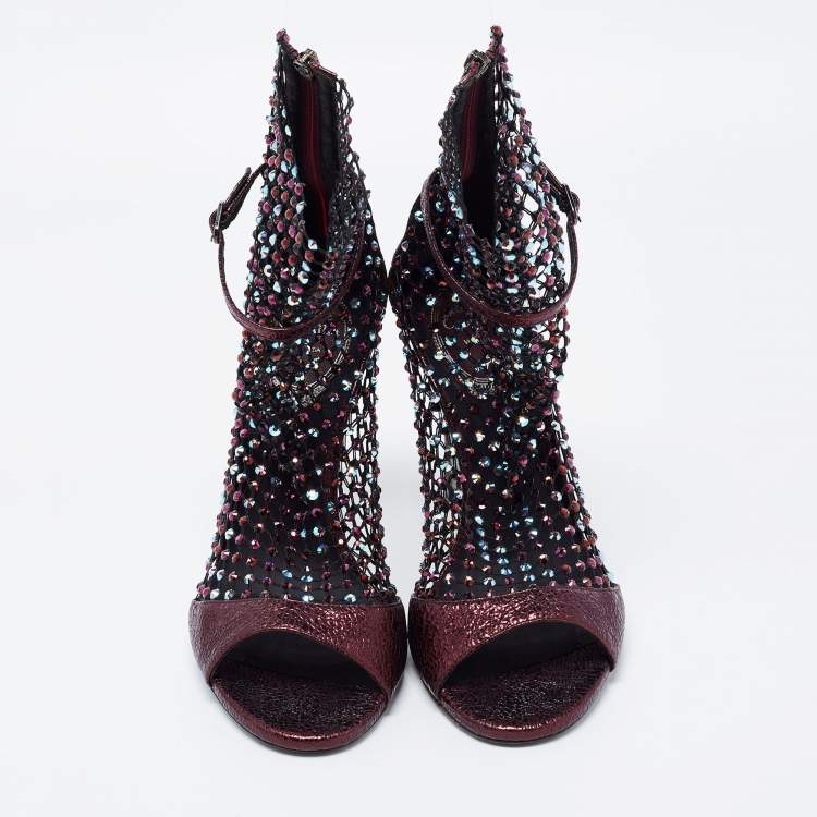 Pre Owned Rene Caovilla Metalic Red Texture Leather And Mesh Crystal Embellished Galaxia Sandals Size 38