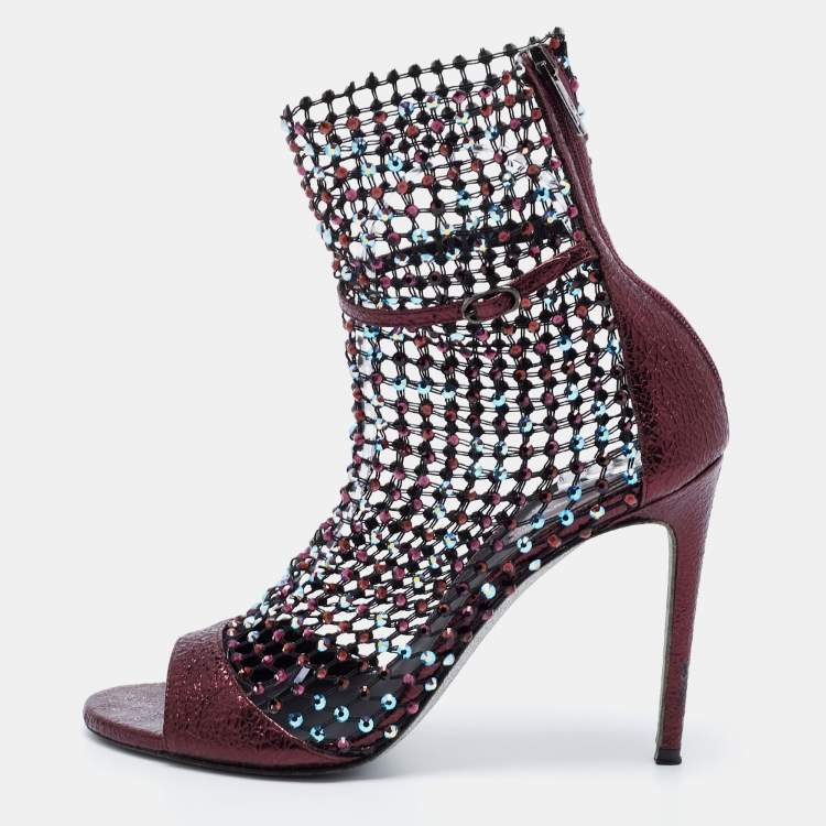 Pre Owned Rene Caovilla Metalic Red Texture Leather And Mesh Crystal Embellished Galaxia Sandals Size 38