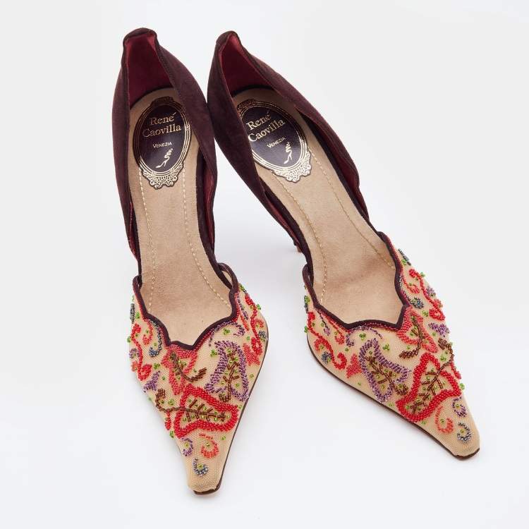Pre Owned René Caovilla Multicolor Beads Embroidered Mesh and Suede D'orsay Pumps Size 38