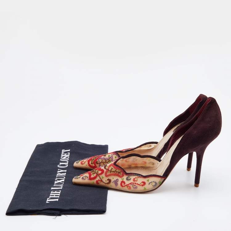 Pre Owned René Caovilla Multicolor Beads Embroidered Mesh and Suede D'orsay Pumps Size 38