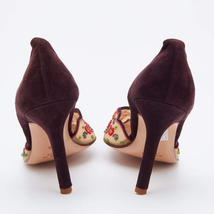 Pre Owned René Caovilla Multicolor Beads Embroidered Mesh and Suede D'orsay Pumps Size 38