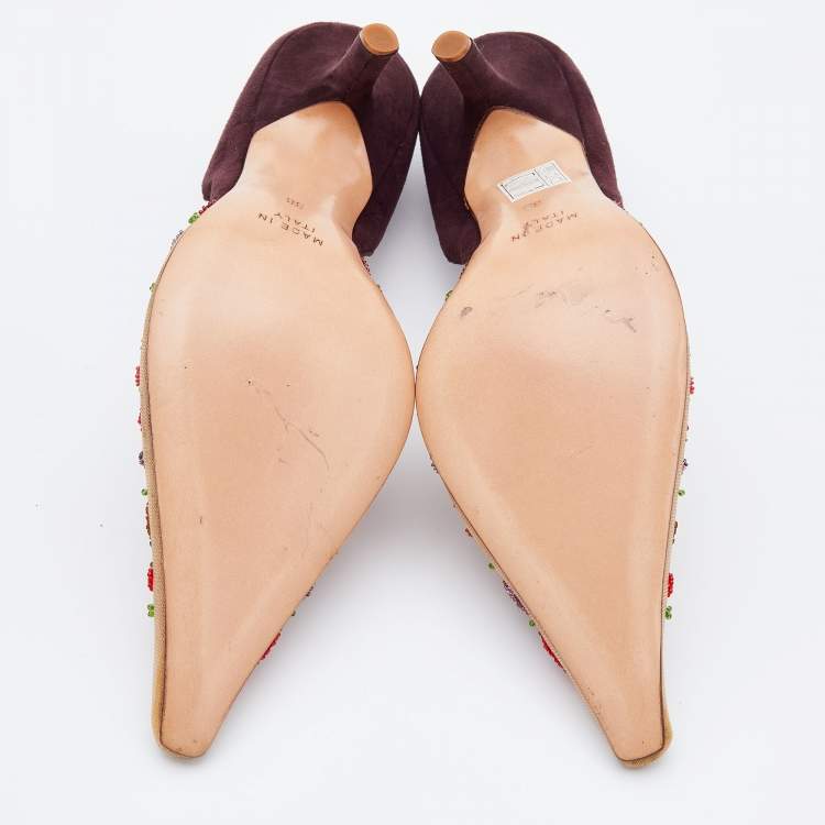 Pre Owned René Caovilla Multicolor Beads Embroidered Mesh and Suede D'orsay Pumps Size 38