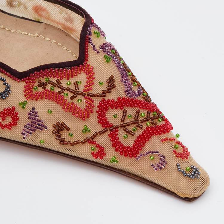 Pre Owned René Caovilla Multicolor Beads Embroidered Mesh and Suede D'orsay Pumps Size 38
