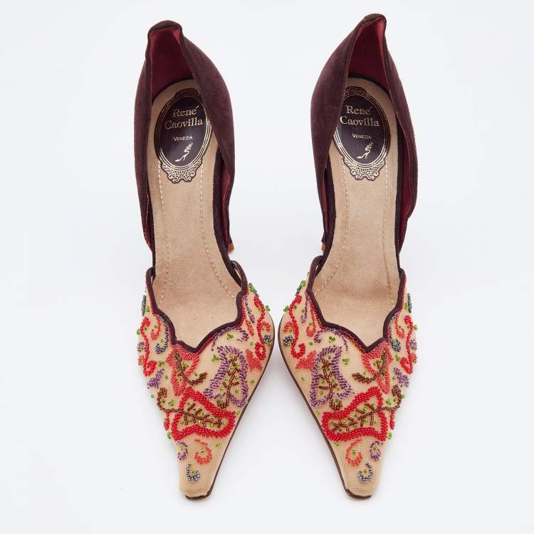 Pre Owned René Caovilla Multicolor Beads Embroidered Mesh and Suede D'orsay Pumps Size 38