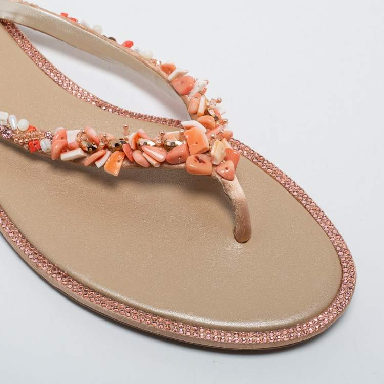 Pre Owned René Caovilla Gold/Beige Satin Embellished Thong  Sandals Size 39